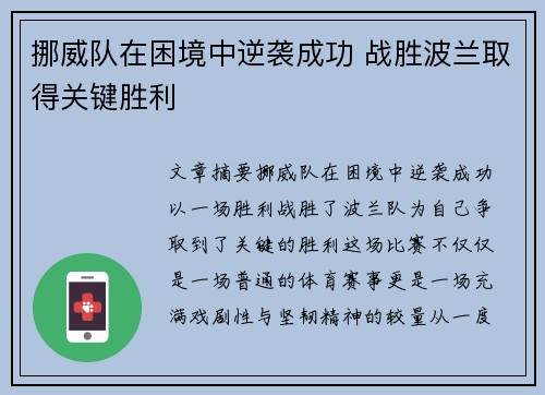 挪威队在困境中逆袭成功 战胜波兰取得关键胜利