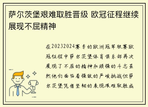 萨尔茨堡艰难取胜晋级 欧冠征程继续展现不屈精神