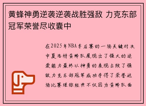 黄蜂神勇逆袭逆袭战胜强敌 力克东部冠军荣誉尽收囊中