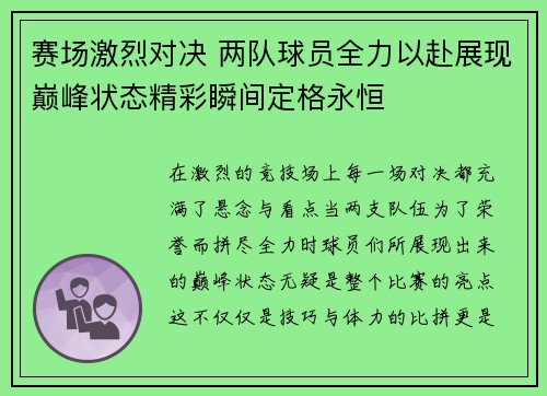 赛场激烈对决 两队球员全力以赴展现巅峰状态精彩瞬间定格永恒