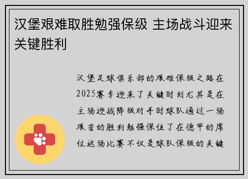 汉堡艰难取胜勉强保级 主场战斗迎来关键胜利